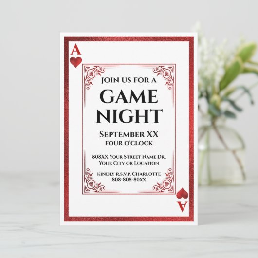 Ace of Hearts Game Night Playing Card Einladung (Stehend Vorderseite)