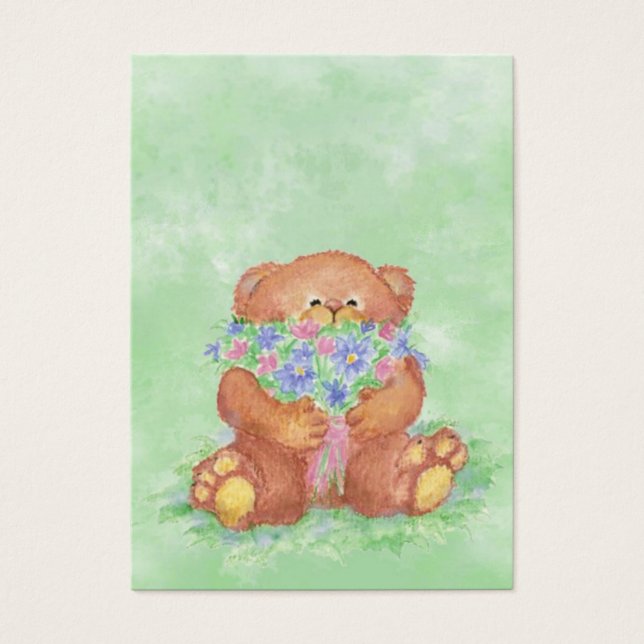 ACEO ATC Teddy Bear Bouquet Blume Wasserfarbe (Vorderseite)