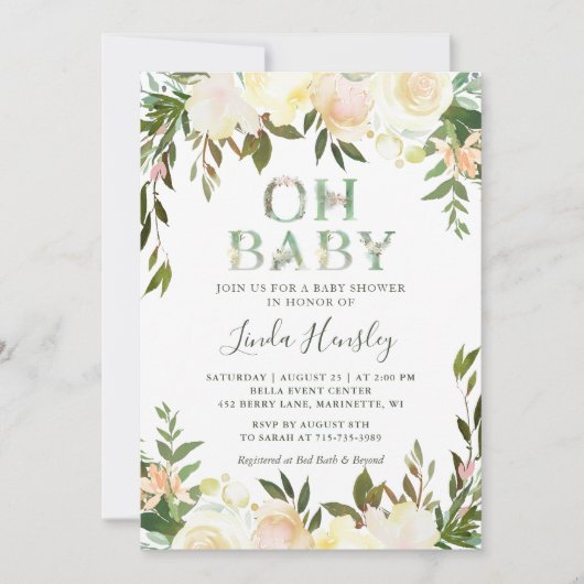 Ach Babydusche Typografie Blumengrün Weiß Einladung (Vorderseite)