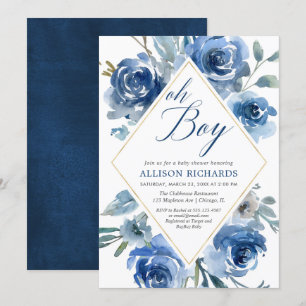 Ach, Junge, Marineblau, elegante Blumenjungen Baby Einladung