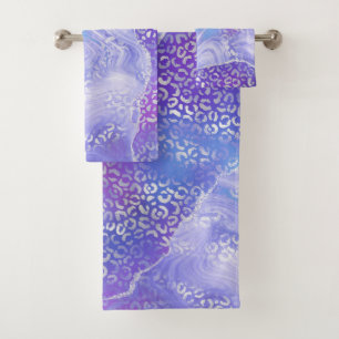 Achat Geode Leopardendruck Lila und Silber Badhandtuch Set