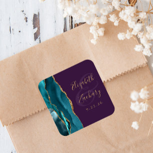Achat-Geode-Schrift Teal Gold Lila Hochzeit Quadratischer Aufkleber