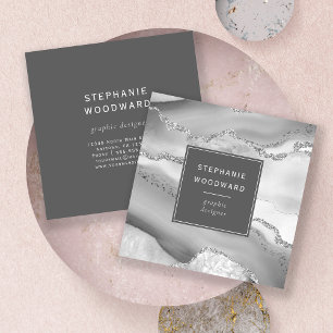 Achat-Geoden-Grau-Weiß-Silber-Faux-Glitter Quadratische Visitenkarte