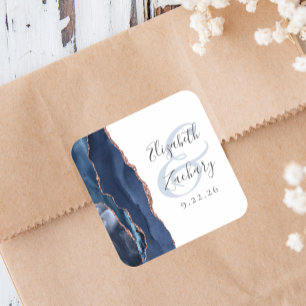 Achat-Geoden-Schrift Navyblau Roségold-Hochzeit Quadratischer Aufkleber