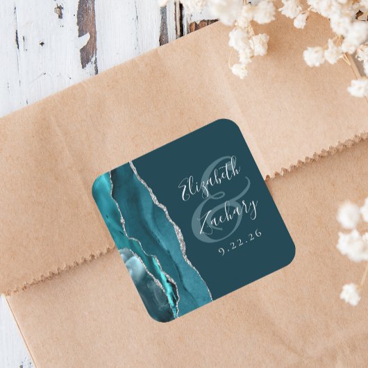 Achat-Geoden-Schrift Teal Blau Silber Hochzeit Quadratischer Aufkleber