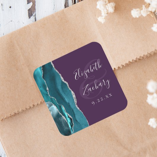 Achat-Geoden-Schrift Teal Silber Lila Hochzeit Quadratischer Aufkleber