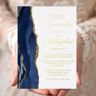 Achat Navy Blau Gold Schrift Hochzeit Folieneinladung