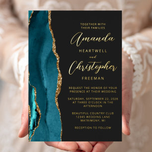 Achat Teal Blau Gold Schrift Dunkle Hochzeit Folieneinladung