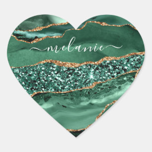 Achatgrün Gold Glitter Marmor Namensaufkleber Herz-Aufkleber