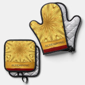 Achempong Designer Kitchen Set: Opulent Swirl Gold Ofenhandschuh & Topflappen-Set (Vorderseite/Rückseite)