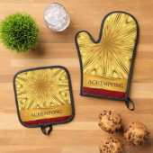 Achempong Designer Kitchen Set: Opulent Swirl Gold Ofenhandschuh & Topflappen-Set (Oben Unten)