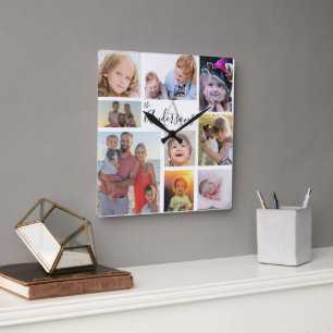 Acht Foto der Monogram-Familie individuell Quadratische Wanduhr