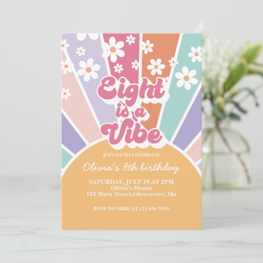 Acht ist eine Vibe Retro Sunshine Rainbow Daisy Einladung (Stehend Vorderseite)