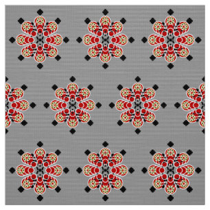 Acht Punkte Mandala, Rot, Schwarz und Grau / Grau Stoff