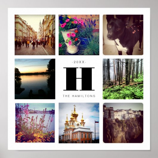 Acht Quadrat-FotoCollage mit Family Monogram Poster (Vorne)