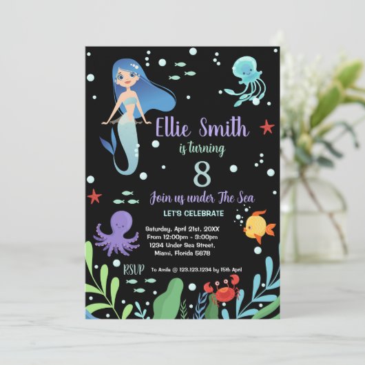 Achte Mermaid Geburtstag Einladungen (Stehend Vorderseite)