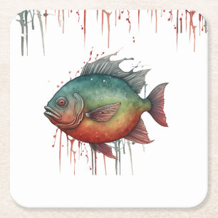 Achterbahn - Aquarell-Serie: Piranha Rechteckiger Pappuntersetzer