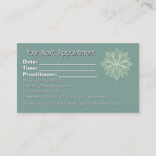 Achtsamkeit Wellness Consultant Zen Lotus Aquamari Terminkarte (Rückseite)