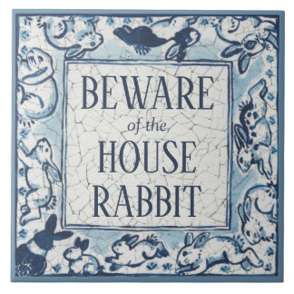 Achtung House Rabbit Delft Blue White Sign Dedham Fliese