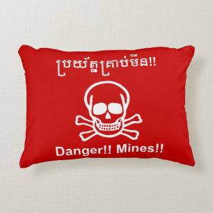 Achtung!! Minen!! ☠ Kambodschanisches Khmer-Schild Dekokissen