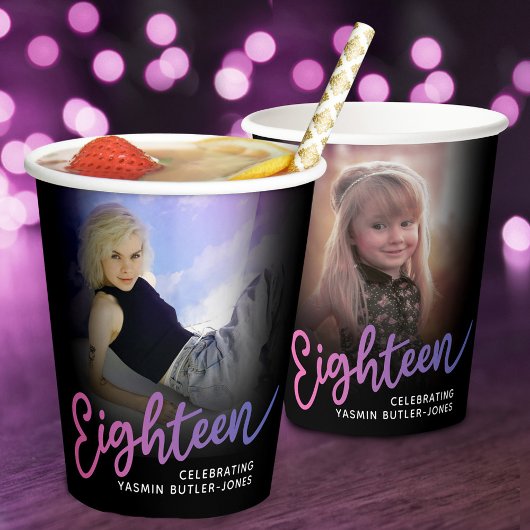 Achtzehn 18. Geburtstag Foto Drehbuch Rosa lila Pappbecher