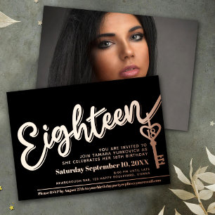 Achtzehn 18. Geburtstag schwarzes Foto Folieneinladung