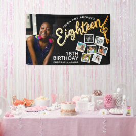 Achtzehn goldene 18. Geburtstag Fotos auf schwarz Banner