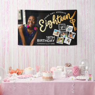 Achtzehn goldene 18. Geburtstag Fotos auf schwarz Banner