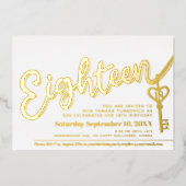 Achtzehn Skripttext-Schlüssel 18. Geburtstag Gold Folieneinladung (Vorderseite)