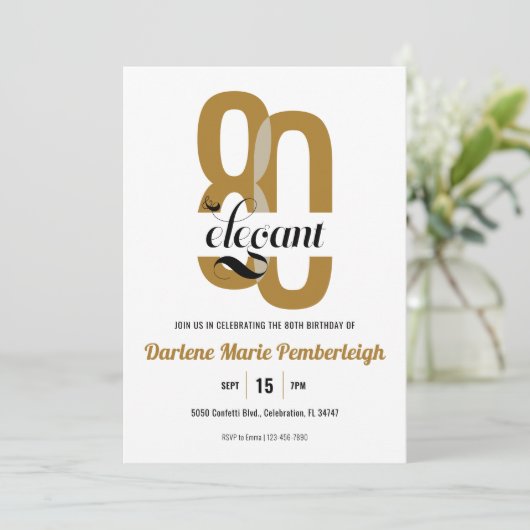 Achtzig & elegante Gold Black Floral 80. Geburtsta Einladung (Stehend Vorderseite)