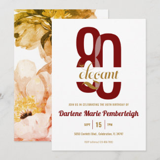 Achtzig & elegante Red Gold Floral 80. Geburtstag Einladung