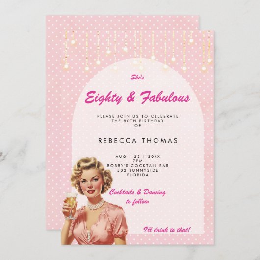 Achtzig & fabelhafte Retro-Rosa Geburtstagseinladu Einladung (Vorne/Hinten)