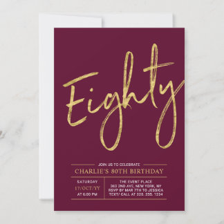 achtzig | Gold Burgundy Red 80. Geburtstagsparty Einladung
