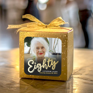 Achtzig goldfarbene Script-Foto Geburtstagsfavorit Quadratischer Aufkleber