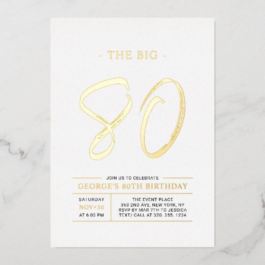 achtzig | Moderne Gold 80. Geburtstagsparty Folieneinladung (Vorderseite)