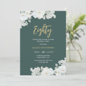 Achtzig Smaragdgrün & Gold Weiße Blüte Geburtstag Einladung (Stehend Vorderseite)