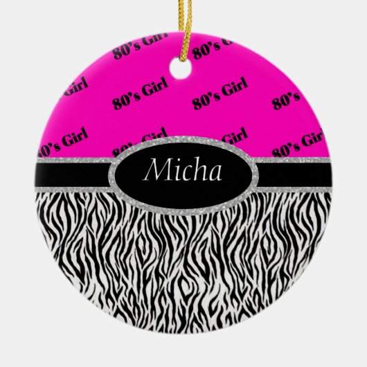 Achtzigerjahre Mädchen-Neonrosa u. Zebra-Monogramm Keramikornament (Vorne)