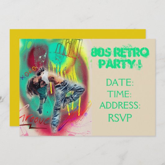 Achtzigerjahre retro Thema-Tanz-Party Einladung (Vorne/Hinten)