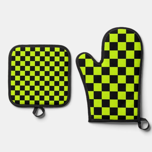 Acid green black checkerboard pattern ofenhandschuh & Topflappen-Set (Vorderseite)