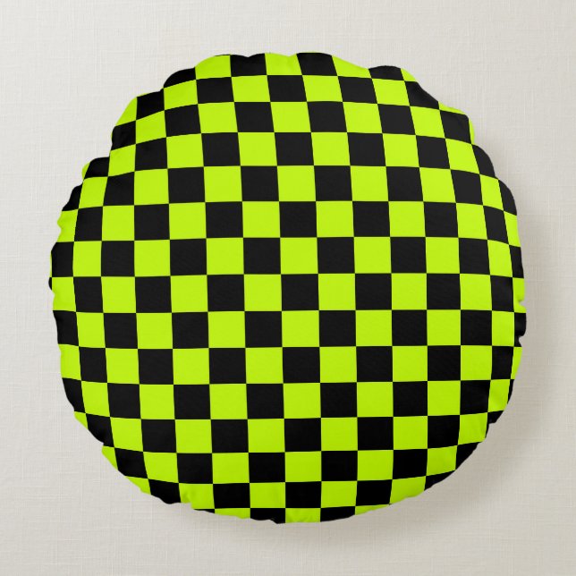 Acid green black checkerboard pattern rundes kissen (Vorderseite)
