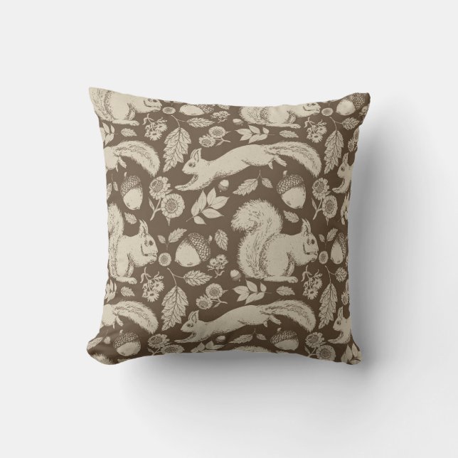 Acorn Eichhörnchen Floral Taupe Ecru Pillow Kissen (Vorderseite)