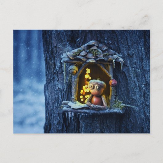 Acorn Elf Blick aus dem Fenster Winter Postkarte (Vorderseite)