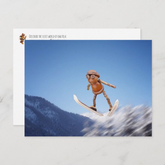 Acorn Elf fliegt auf der Skis Winterpostkarte Postkarte (Vorne/Hinten)