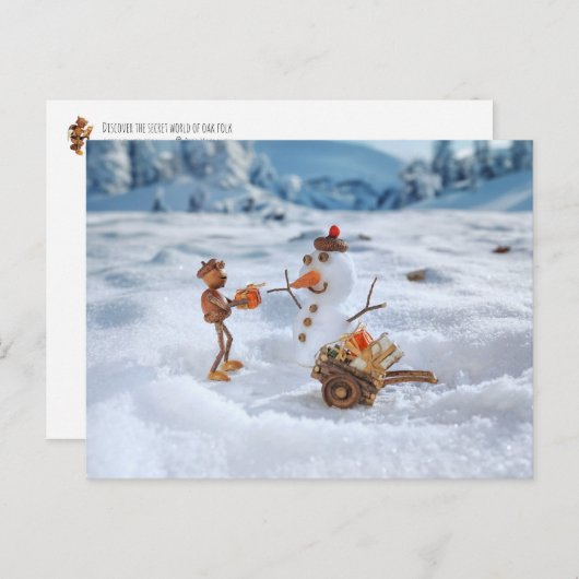 Acorn elf gibt dem Schneemann ein Geschenk - Weihn Postkarte (Vorne/Hinten)