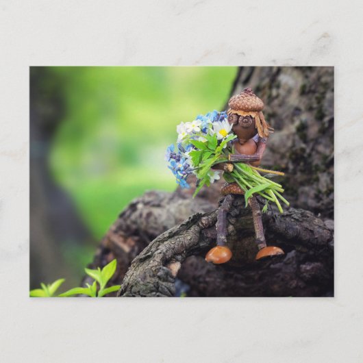 Acorn elf girl with flowers postcard postkarte (Vorderseite)