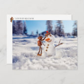 Acorn Elf macht einen Schneemann Winterpostkarte Postkarte (Vorne/Hinten)