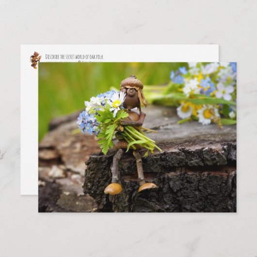 Acorn elf Mädchen mit Blume Postkarte (Vorne/Hinten)