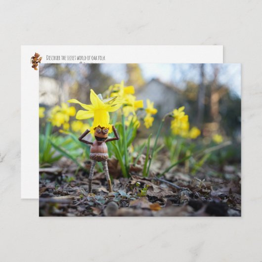 Acorn elf mit dicken Blume Frühling Postkarte (Vorne/Hinten)