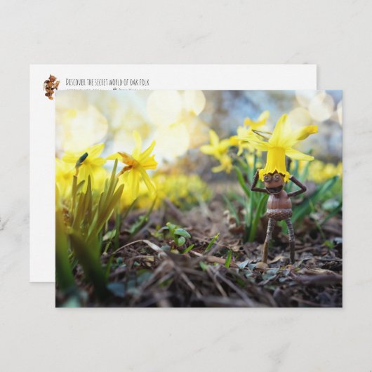 Acorn elf mit dicken Blume Frühling Postkarte (Vorne/Hinten)