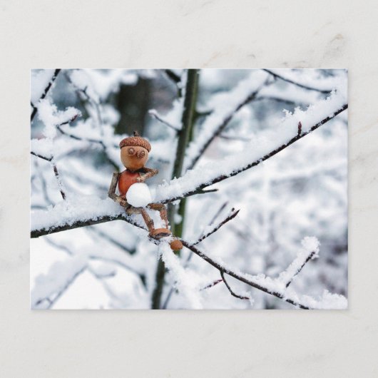 Acorn Elf mit Schneeball - Winterpostkarte Postkarte (Vorderseite)